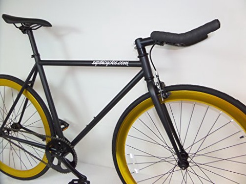 Mens all-black fixed gear, bullhorns, gold rims