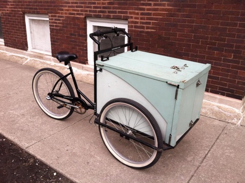 Haley Tricycle Cargo Bike Custom w/ Turquoise Wood Box & Fold-Out Bookshelves 